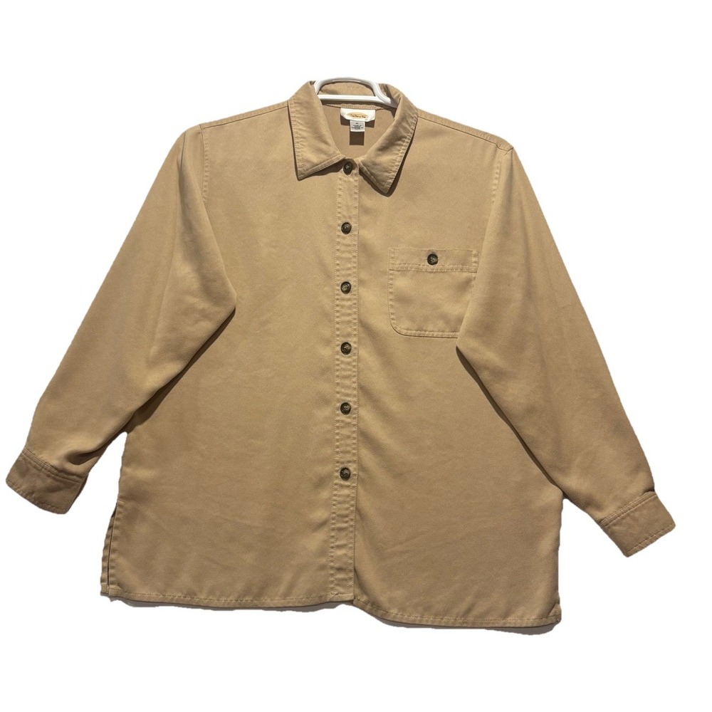 Talbots Womens Blouse M Camel Tan Suede Button Up Shirt Long Sleeve Soft